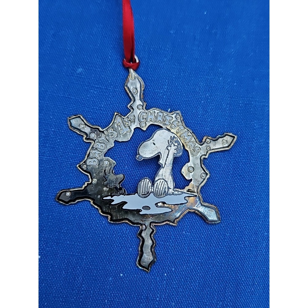 Peanuts Snoopy Woodstock Baby's First Christmas Ornament 1st Lunt Silver‎ 3.5"